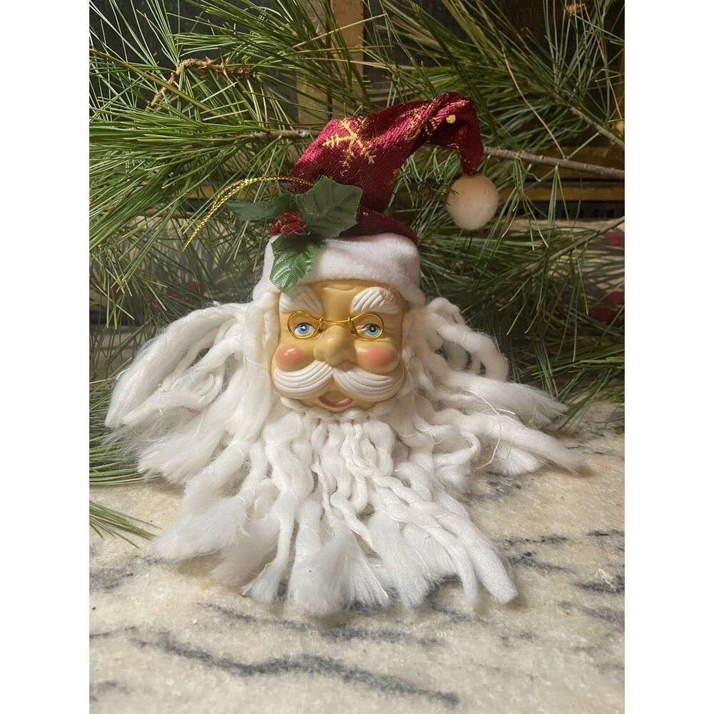 Vintage Large Santa Head Ornament Plastic Face Yarn Beard Maroon Velvet Hat
